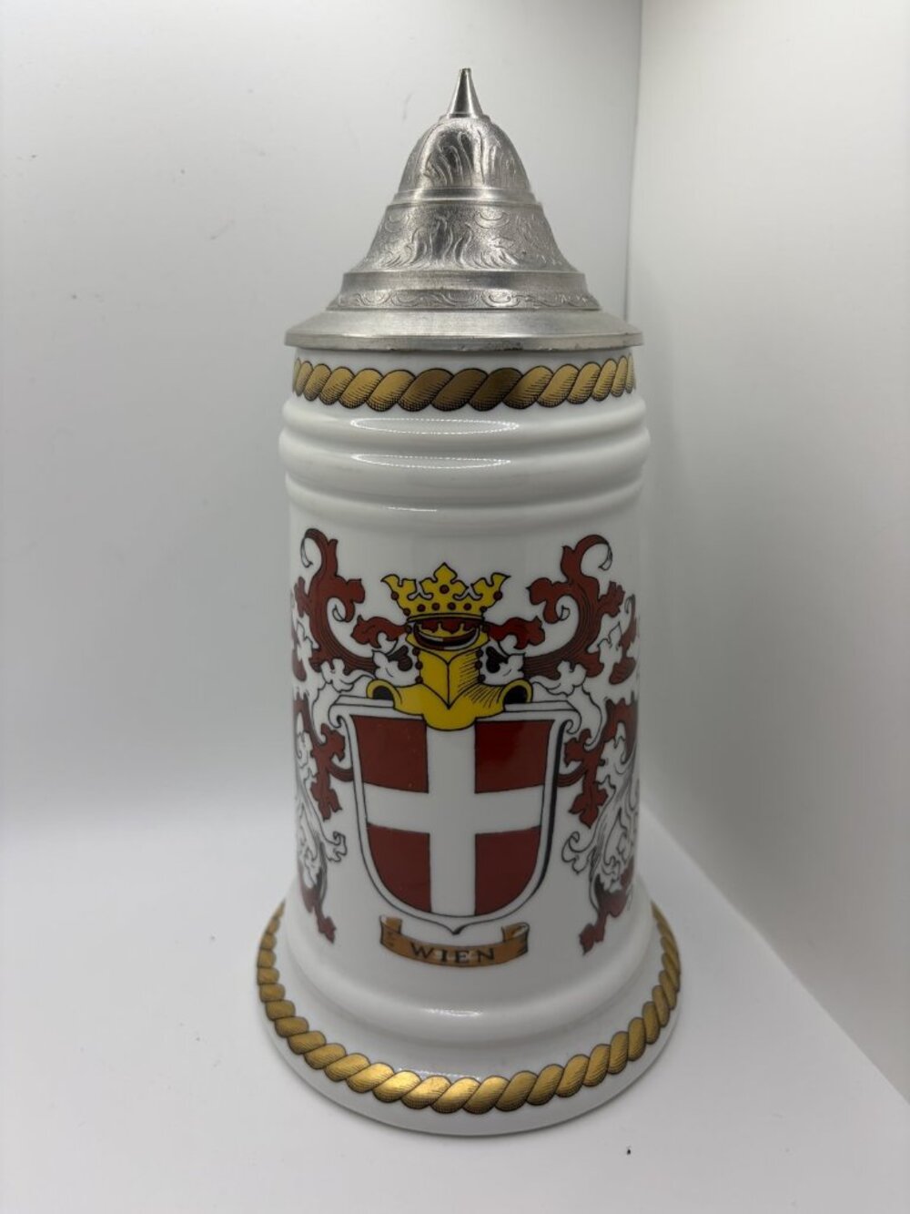 Vintage Austrian Wien Coat of Arms Porcelain Beer Stein with Pewter Lid